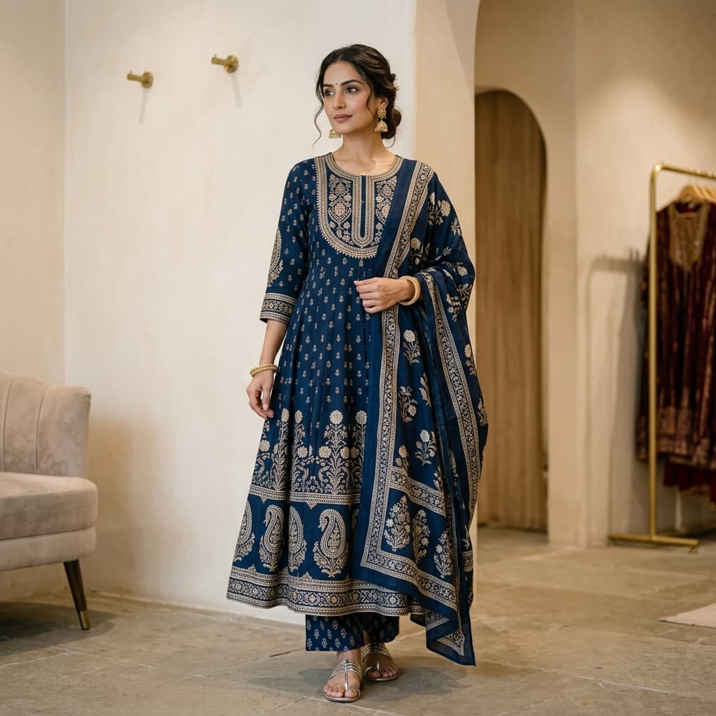 Designer ethnic wear deal: Leriya Fashion Women's Rayon Printed Anarkali Set at Leriya Fashion