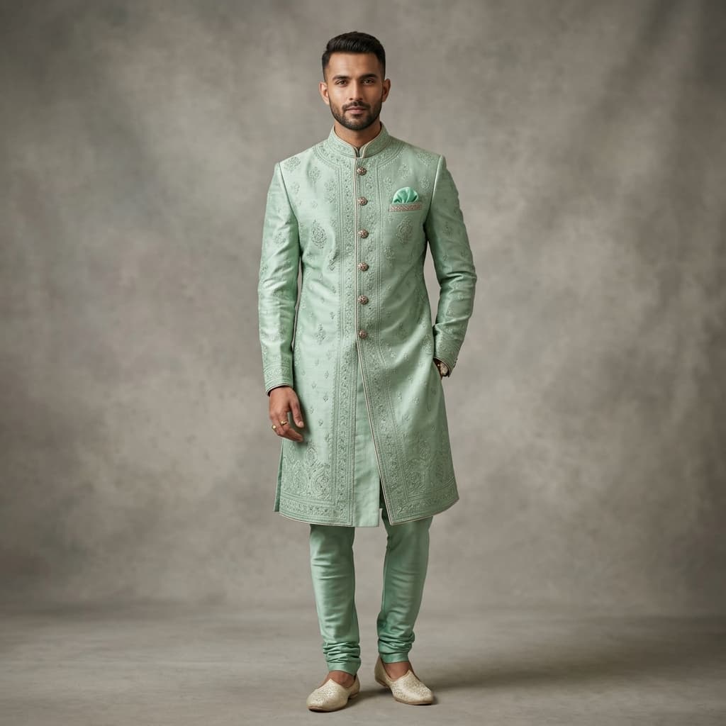 Designer ethnic wear deal: Tasva Mint Green Sherwani & Jacket Set at Tasva